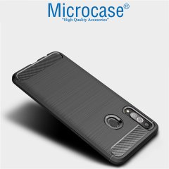 Microcase Samsung Galaxy A20s Brushed Carbon Fiber Silikon Kılıf - Siyah + Tempered Glass Cam Koruma