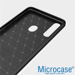 Microcase Samsung Galaxy A20s Brushed Carbon Fiber Silikon Kılıf - Siyah + Tempered Glass Cam Koruma