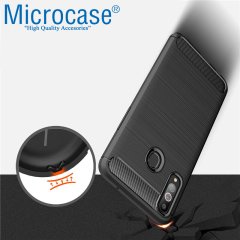 Microcase Samsung Galaxy A20s Brushed Carbon Fiber Silikon Kılıf - Siyah + Tempered Glass Cam Koruma