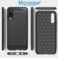 Microcase Samsung Galaxy A50s Brushed Carbon Fiber Silikon Kılıf - Siyah + Tempered Glass Cam Koruma