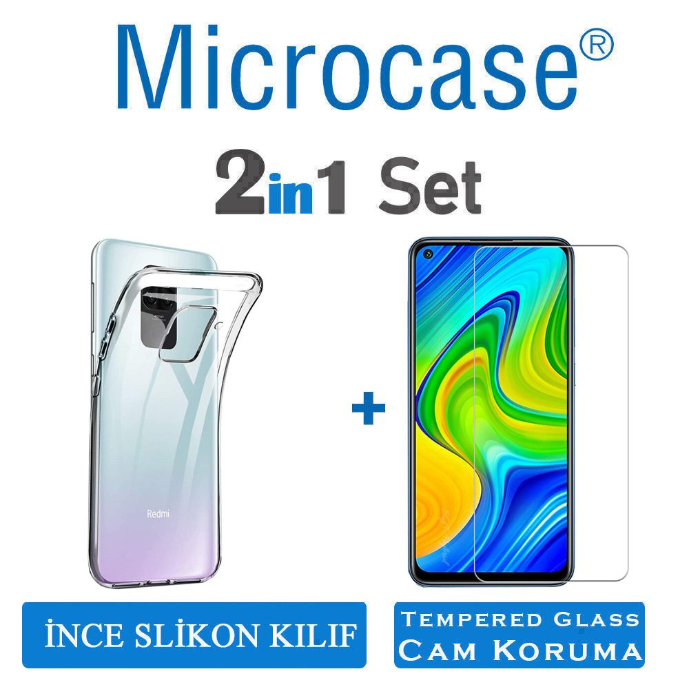 Microcase Xiaomi Redmi Note 9 0.2 mm İnce Soft Silikon Kılıf - Şeffaf + Tempered Glass Cam Koruma