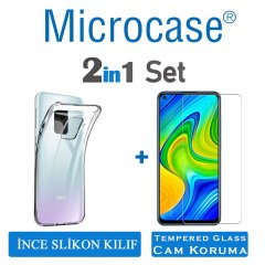 Microcase Xiaomi Redmi Note 9 0.2 mm İnce Soft Silikon Kılıf - Şeffaf + Tempered Glass Cam Koruma