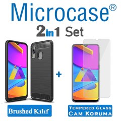 Microcase Samsung Galaxy M10s Brushed Carbon Fiber Silikon Kılıf - Siyah + Tempered Glass Cam Koruma