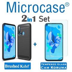 Microcase Huawei P20 Lite 2019 Brushed Carbon Fiber Silikon Kılıf - Siyah + Tempered Glass Cam Koruma