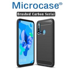 Microcase Huawei P20 Lite 2019 Brushed Carbon Fiber Silikon Kılıf - Siyah + Tempered Glass Cam Koruma