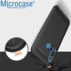 Microcase Huawei P20 Lite 2019 Brushed Carbon Fiber Silikon Kılıf - Siyah + Tempered Glass Cam Koruma