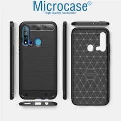 Microcase Huawei P20 Lite 2019 Brushed Carbon Fiber Silikon Kılıf - Siyah + Tempered Glass Cam Koruma
