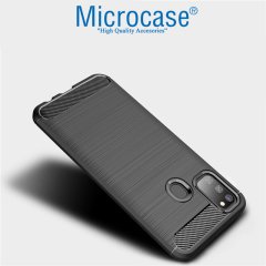 Microcase Samsung Galaxy M30s Brushed Carbon Fiber Silikon Kılıf - Siyah + Tempered Glass Cam Koruma