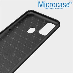 Microcase Samsung Galaxy M30s Brushed Carbon Fiber Silikon Kılıf - Siyah + Tempered Glass Cam Koruma