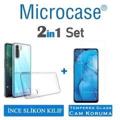 Microcase Oppo Reno 3 - Oppo A91 0.2 mm İnce Soft Silikon Kılıf - Şeffaf + Tempered Glass Cam Koruma