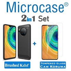 Microcase Huawei Mate 30 Brushed Carbon Fiber Silikon Kılıf - Siyah + Tempered Glass Cam Koruma
