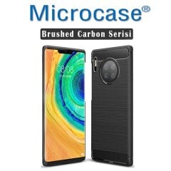 Microcase Huawei Mate 30 Pro Brushed Carbon Fiber Silikon Kılıf - Siyah + Tempered Glass Cam Koruma