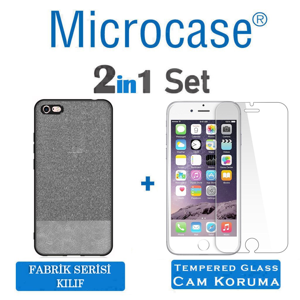 Microcase iPhone 6 - iPhone 6s Fabrik Serisi Kumaş ve Deri Desen Kılıf - Gri + Tempered Glass Cam Koruma