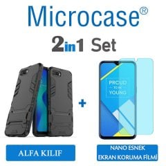 Microcase Realme C2 Alfa Serisi Armor Standlı Perfect Koruma Kılıf + Nano Esnek Ekran Koruma Filmi