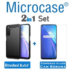 Microcase Realme 6 Brushed Carbon Fiber Silikon Kılıf - Siyah + Tempered Glass Cam Koruma