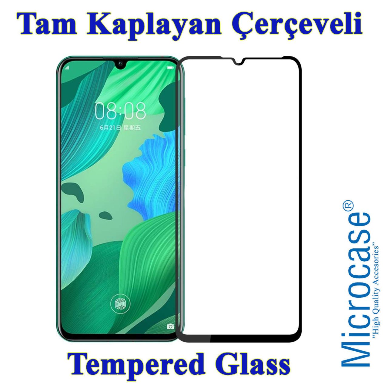 Microcase Huawei Nova 5 Tam Kaplayan Çerçeveli Tempered Cam - Siyah