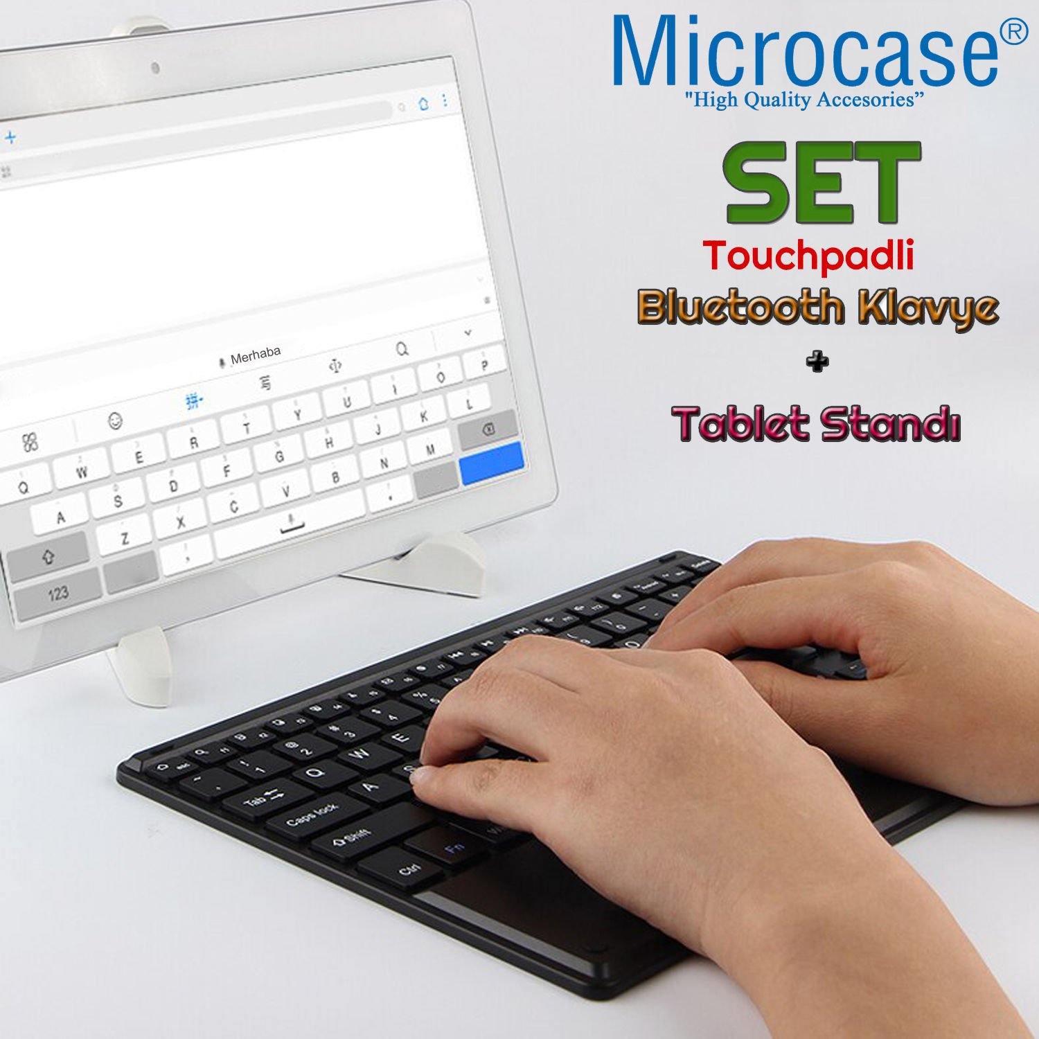 Microcase Lenovo Tab P11 (2. Nesil) 11.5 inch Tablet Bluetooth Touchpad Klavye 28 cm (TR Sticker) + Tablet Standı - AL2756