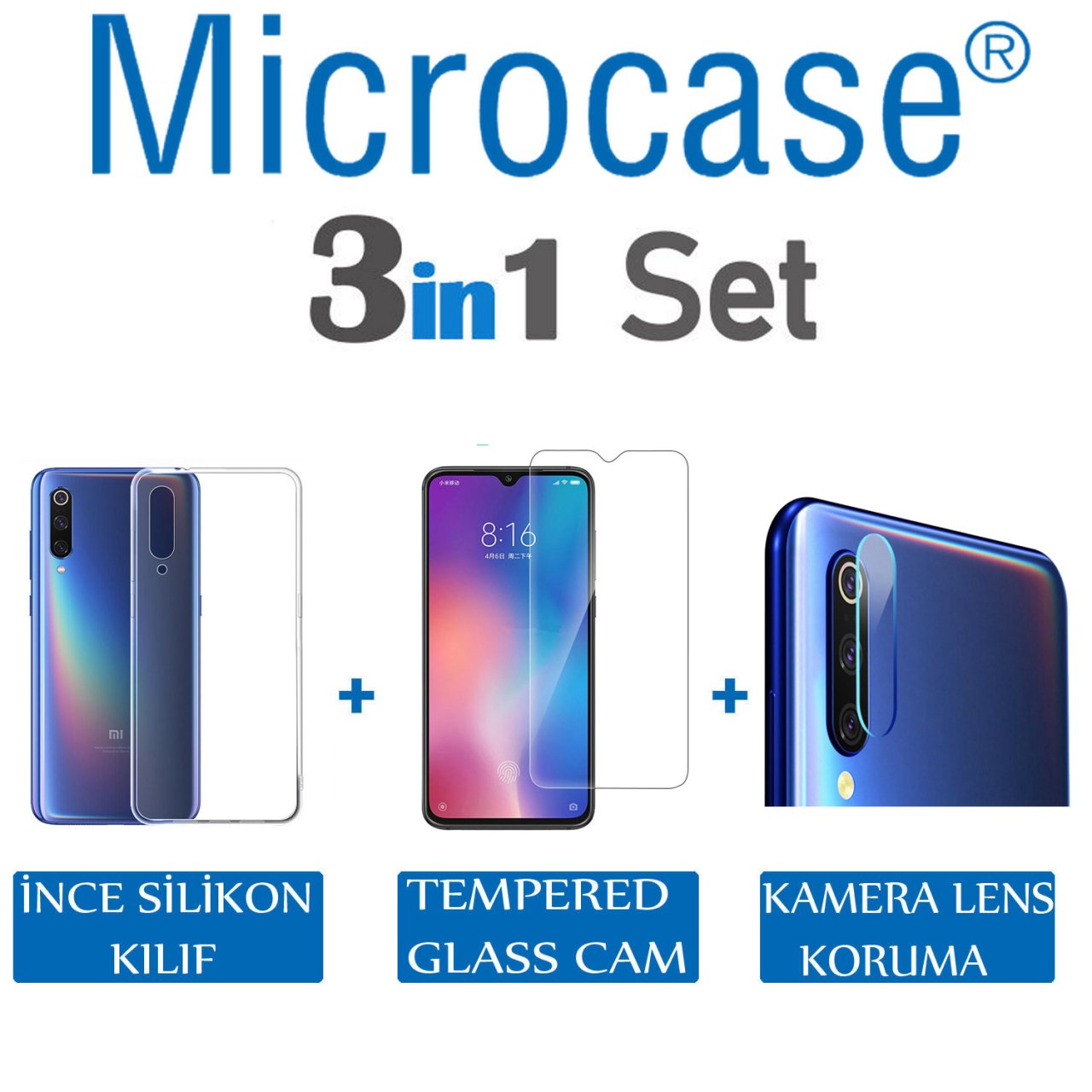 Xiaomi Mi 9 İnce Silikon Kılıf + CAM + Kamera Lens Koruyucu