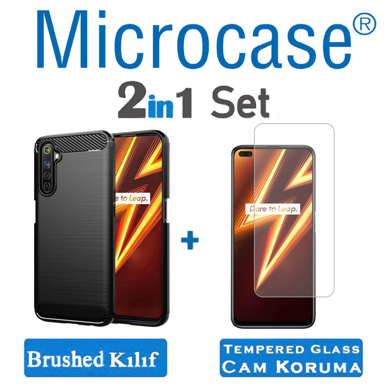 Microcase Realme 6 Pro Brushed Carbon Fiber Silikon Kılıf - Siyah + Tempered Glass Cam Koruma