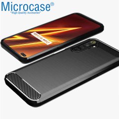 Microcase Realme 6 Pro Brushed Carbon Fiber Silikon Kılıf - Siyah + Tempered Glass Cam Koruma