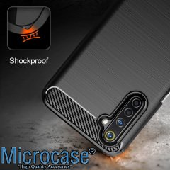 Microcase Realme 6 Pro Brushed Carbon Fiber Silikon Kılıf - Siyah + Tempered Glass Cam Koruma