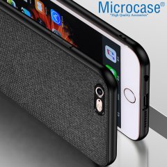 Microcase iPhone 6 Plus - iPhone 6s Plus Fabrik Serisi Kumaş ve Deri Desen Kılıf - Siyah + Tempered Glass Cam Koruma