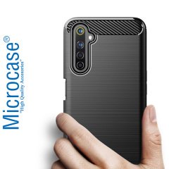 Microcase Realme 6 Pro Brushed Carbon Fiber Silikon Kılıf - Siyah + Tempered Glass Cam Koruma