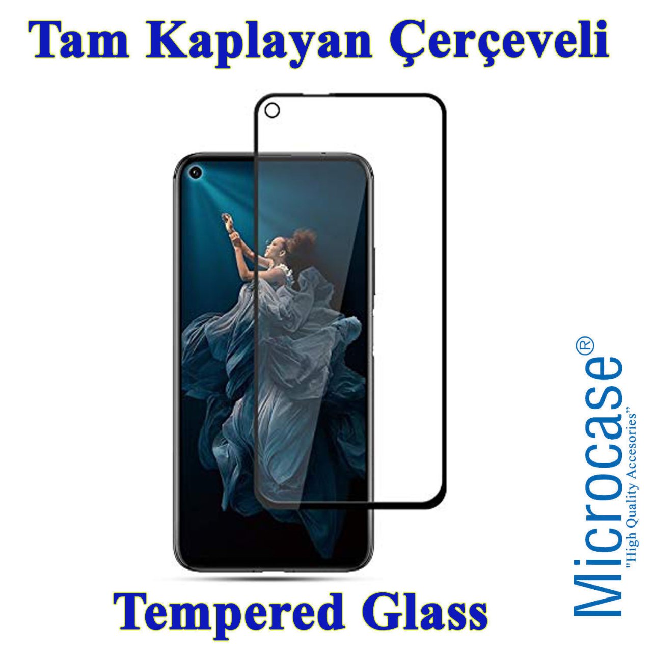 Microcase Huawei Honor 20 Tam Kaplayan Çerçeveli Tempered Cam - Siyah