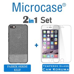 Microcase iPhone 6 Plus - iPhone 6s Plus Fabrik Serisi Kumaş ve Deri Desen Kılıf - Gri + Tempered Glass Cam Koruma