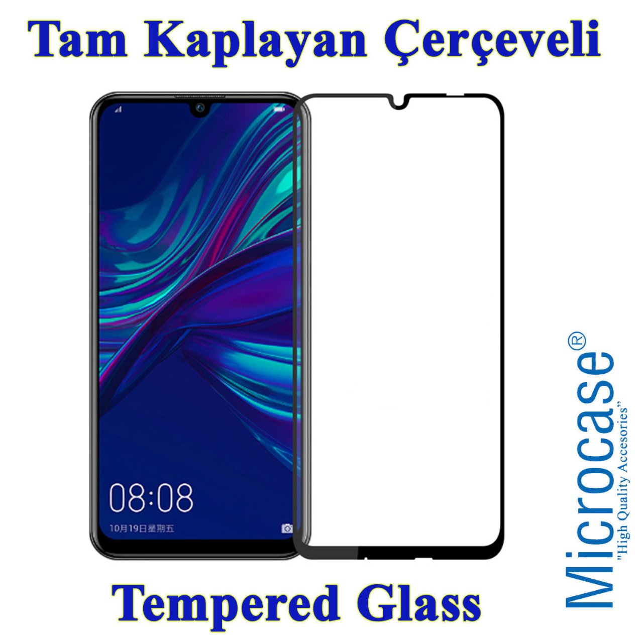 Microcase Huawei Honor 20 Lite Tam Kaplayan Çerçeveli Tempered Cam - Siyah
