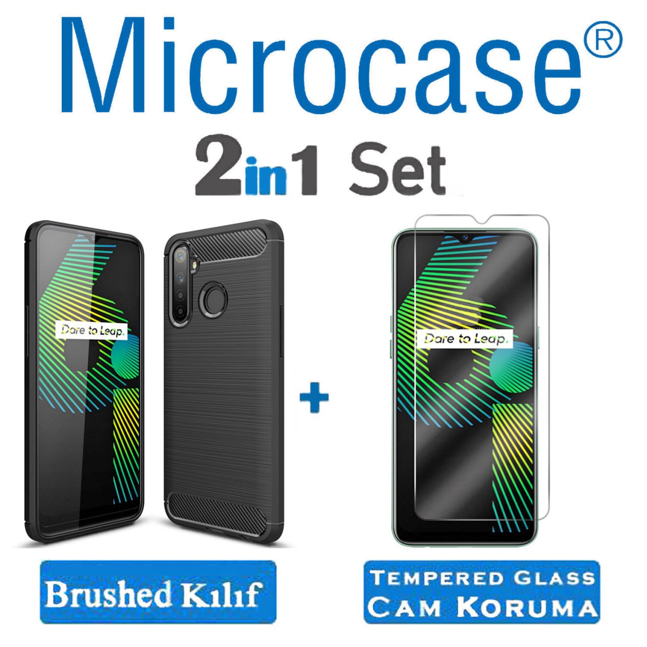 Microcase Realme 6i - Realme 5 - Realme 5i Brushed Carbon Fiber Silikon Kılıf - Siyah + Tempered Glass Cam Koruma