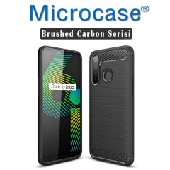 Microcase Realme 6i - Realme 5 - Realme 5i Brushed Carbon Fiber Silikon Kılıf - Siyah + Tempered Glass Cam Koruma