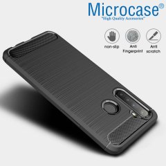 Microcase Realme 6i - Realme 5 - Realme 5i Brushed Carbon Fiber Silikon Kılıf - Siyah + Tempered Glass Cam Koruma