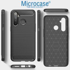 Microcase Realme 6i - Realme 5 - Realme 5i Brushed Carbon Fiber Silikon Kılıf - Siyah + Tempered Glass Cam Koruma