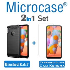 Microcase Samsung Galaxy M11 Brushed Carbon Fiber Silikon Kılıf - Siyah + Tempered Glass Cam Koruma