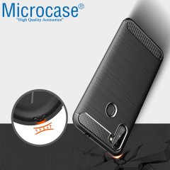 Microcase Samsung Galaxy M11 Brushed Carbon Fiber Silikon Kılıf - Siyah + Tempered Glass Cam Koruma