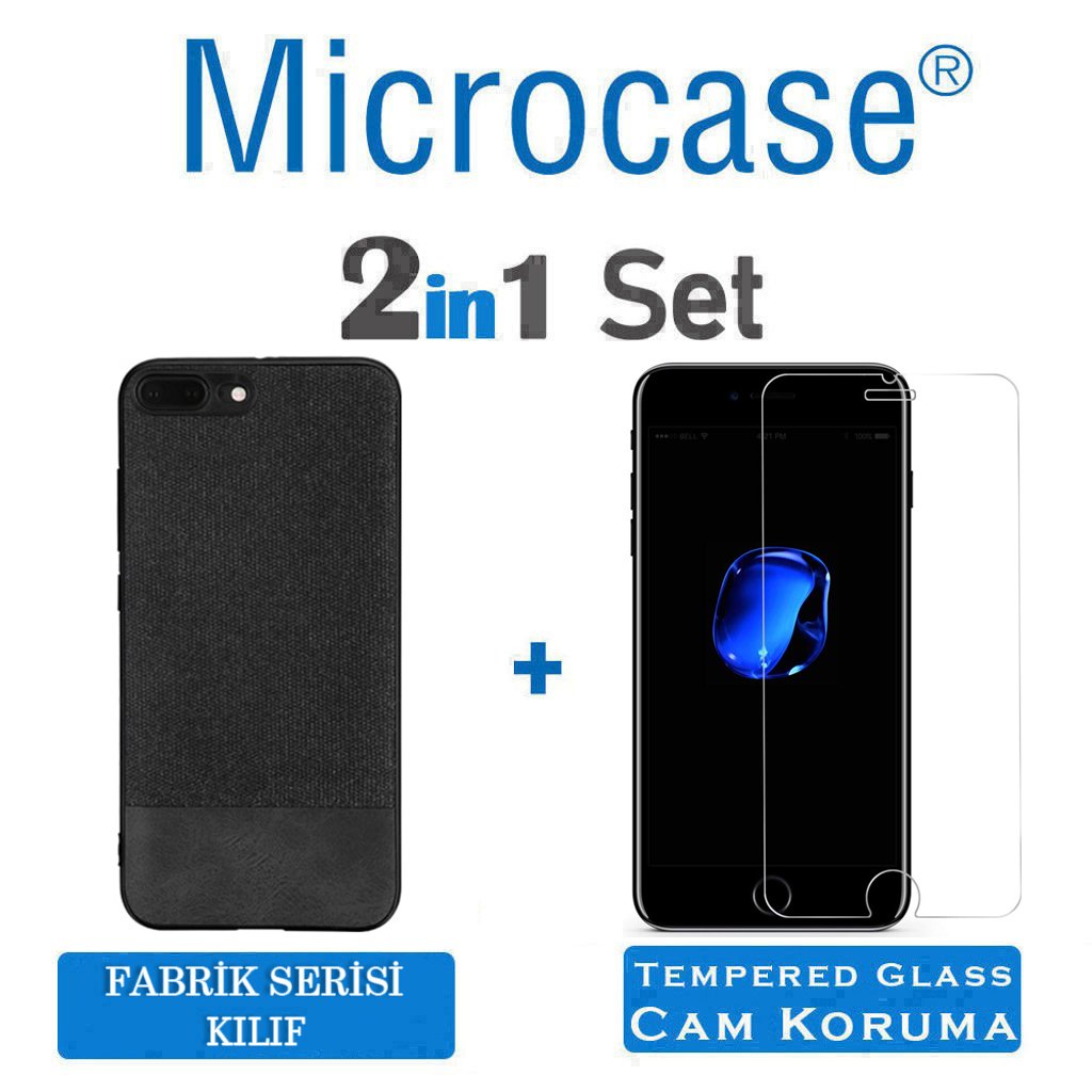 Microcase iPhone 7 Plus Fabrik Serisi Kumaş ve Deri Desen Kılıf - Siyah + Tempered Glass Cam Koruma