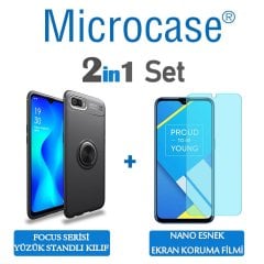 Microcase Realme C2 Focus Serisi Yüzük Standlı Silikon Kılıf - Siyah + Nano Esnek Ekran Koruma Filmi
