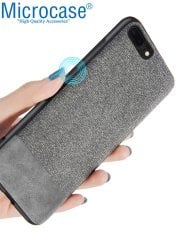 Microcase iPhone 7 Plus Fabrik Serisi Kumaş ve Deri Desen Kılıf - Gri + Tempered Glass Cam Koruma