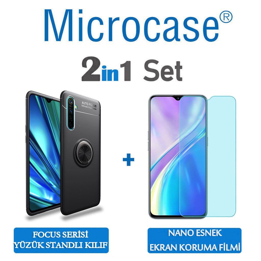 Microcase Realme XT Focus Serisi Yüzük Standlı Silikon Kılıf - Siyah + Nano Esnek Ekran Koruma Filmi
