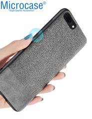 Microcase iPhone 7 Plus Fabrik Serisi Kumaş ve Deri Desen Kılıf - Gri
