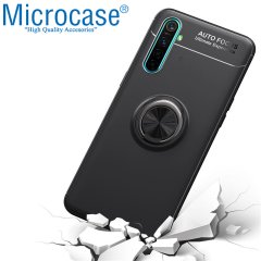 Microcase Realme XT Focus Serisi Yüzük Standlı Silikon Kılıf - Siyah + Nano Esnek Ekran Koruma Filmi