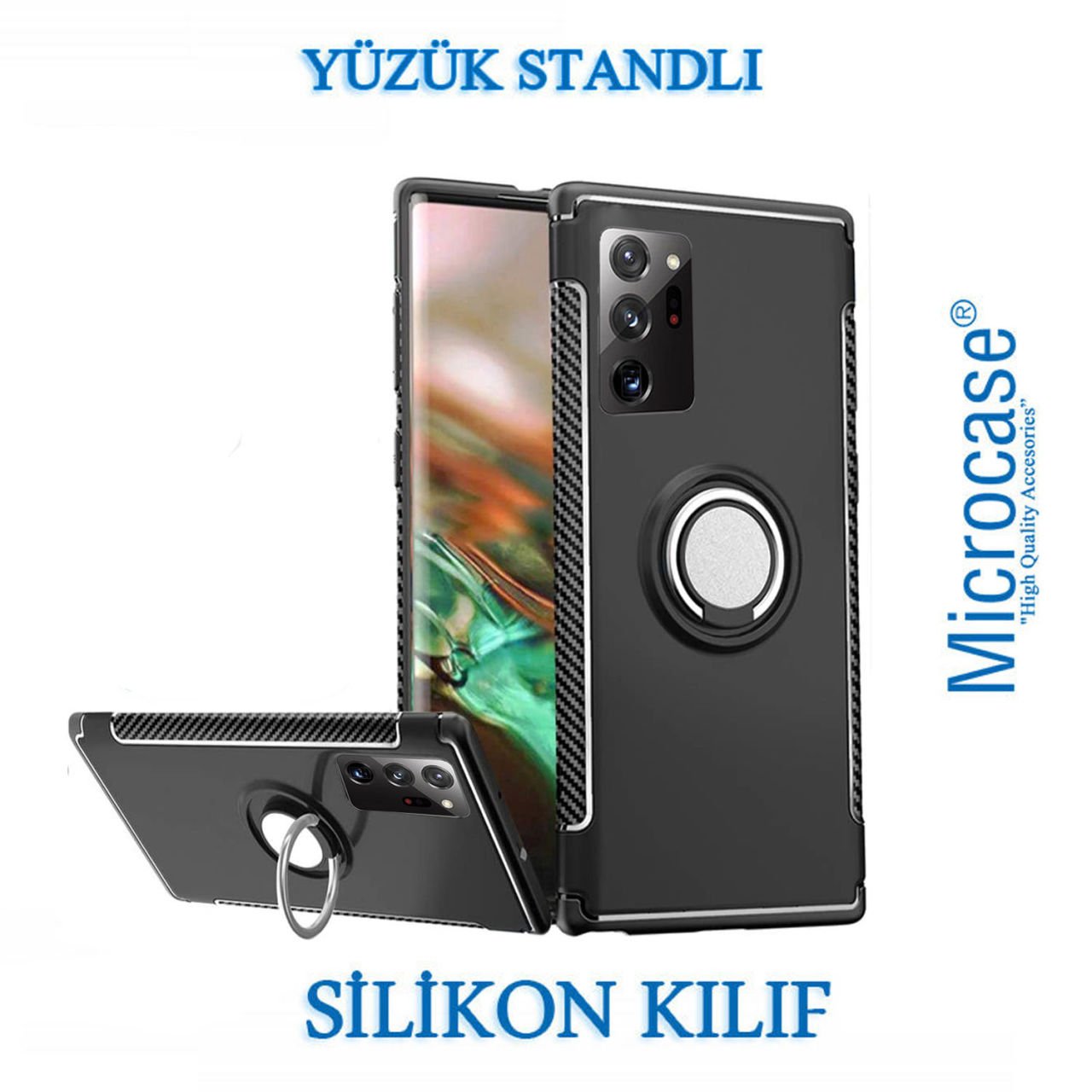 Microcase Samsung Galaxy Note 20 Ultra Yüzük standlı Armor Silikon Kılıf - Siyah