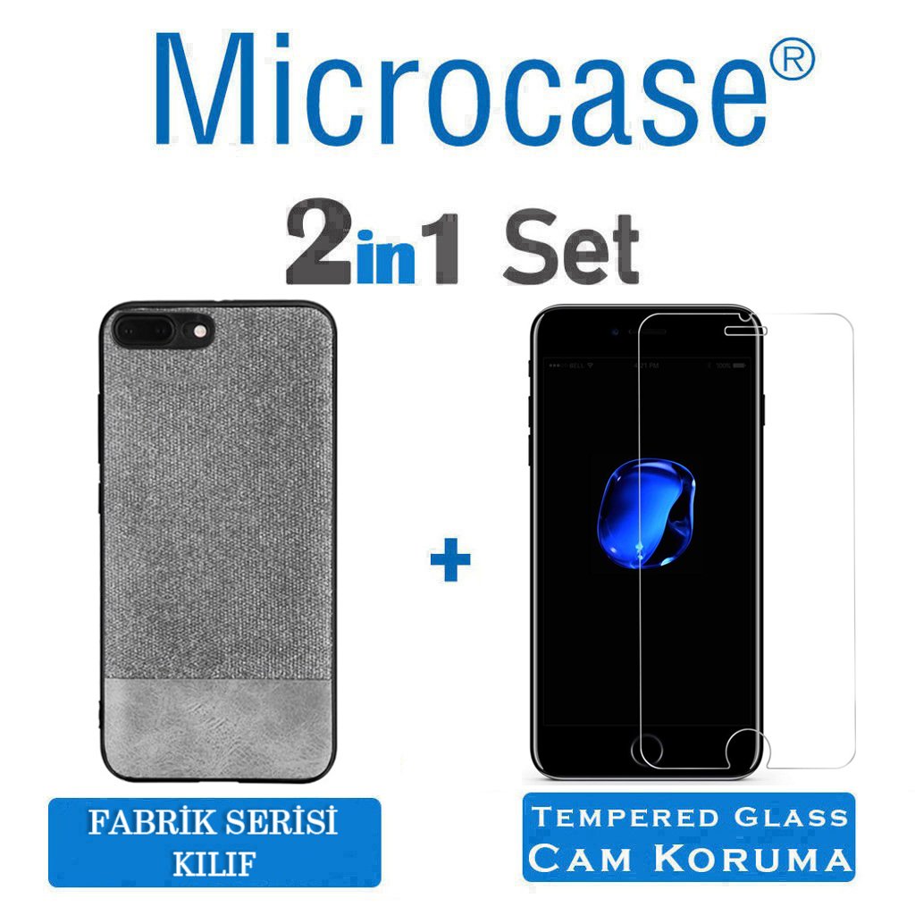 Microcase iPhone 8 Plus Fabrik Serisi Kumaş ve Deri Desen Kılıf - Gri + Tempered Glass Cam Koruma