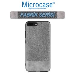 Microcase iPhone 8 Plus Fabrik Serisi Kumaş ve Deri Desen Kılıf - Gri + Tempered Glass Cam Koruma