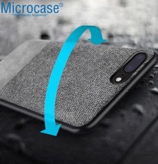 Microcase iPhone 8 Plus Fabrik Serisi Kumaş ve Deri Desen Kılıf - Gri + Tempered Glass Cam Koruma