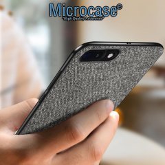Microcase iPhone 8 Plus Fabrik Serisi Kumaş ve Deri Desen Kılıf - Gri