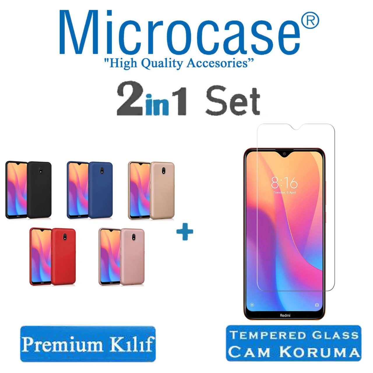 Microcase Xiaomi Redmi 8A Premium Matte Silikon Kılıf + Tempered Glass Cam Koruma