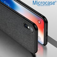 Microcase iPhone X - iPhone XS Fabrik Serisi Kumaş ve Deri Desen Kılıf - Siyah + Tempered Glass Cam Koruma