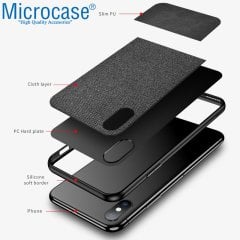 Microcase iPhone X - iPhone XS Fabrik Serisi Kumaş ve Deri Desen Kılıf - Siyah + Tempered Glass Cam Koruma